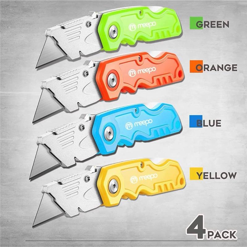 Meapo Box Cutter 4-Pack Tough Folding Razor Sharp Blade Comfortable Handle Extra 10-Piece Blades for Drywall Sheet Plastic Linoleum Boxes Rope