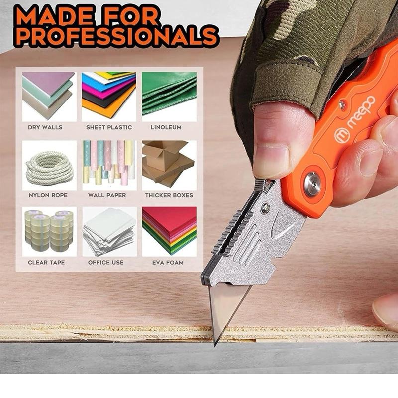 Meapo Box Cutter 4-Pack Tough Folding Razor Sharp Blade Comfortable Handle Extra 10-Piece Blades for Drywall Sheet Plastic Linoleum Boxes Rope