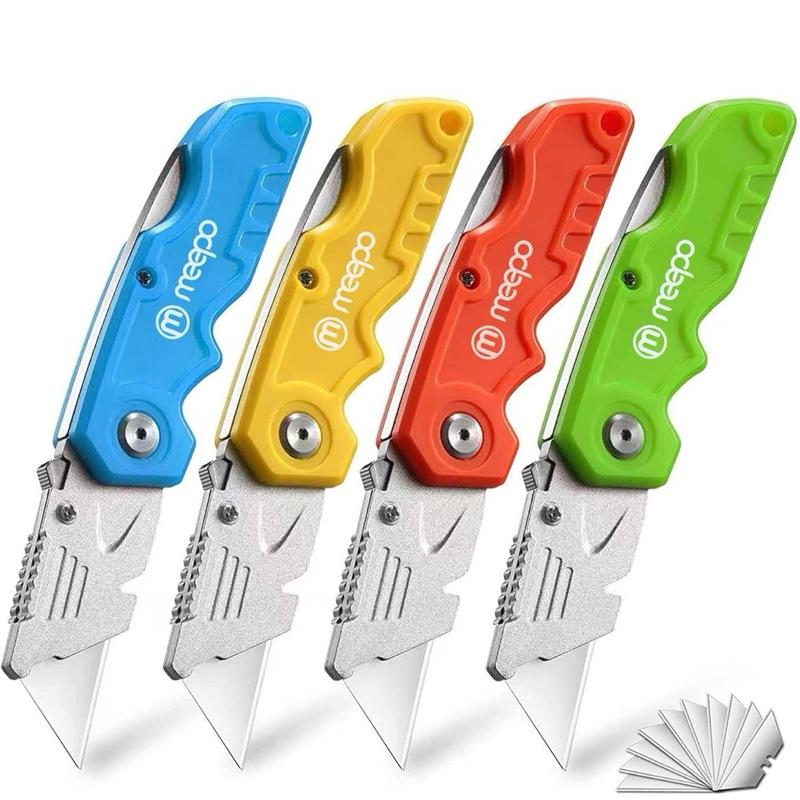 Meapo Box Cutter 4-Pack Tough Folding Razor Sharp Blade Comfortable Handle Extra 10-Piece Blades for Drywall Sheet Plastic Linoleum Boxes Rope