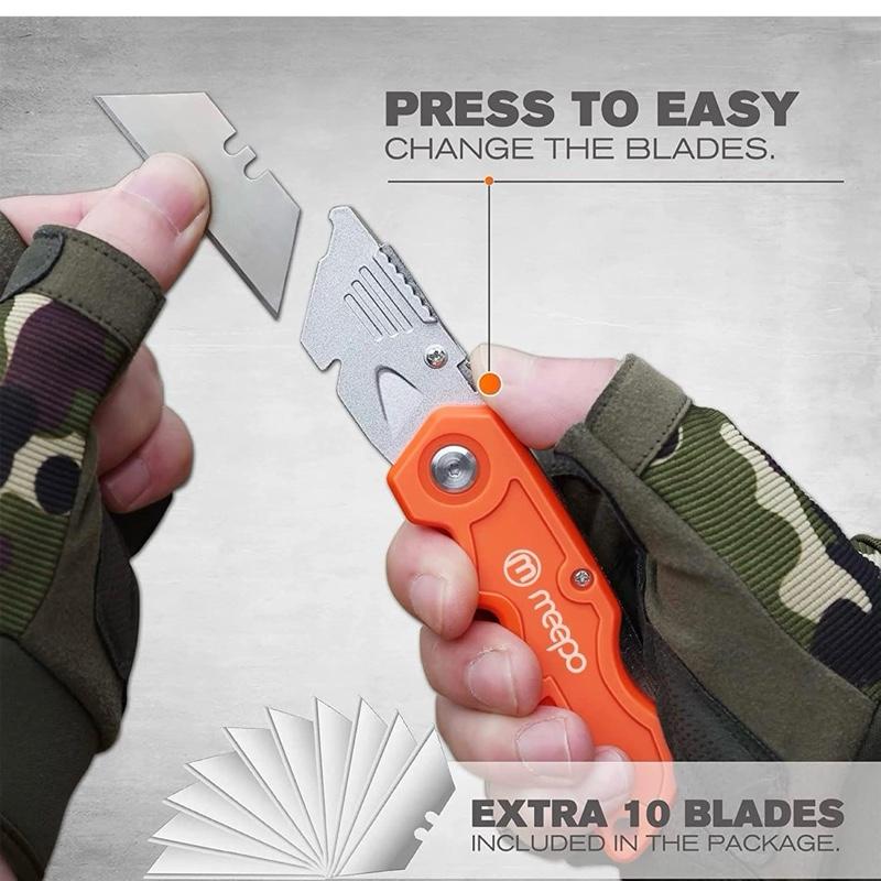 Meapo Box Cutter 4-Pack Tough Folding Razor Sharp Blade Comfortable Handle Extra 10-Piece Blades for Drywall Sheet Plastic Linoleum Boxes Rope